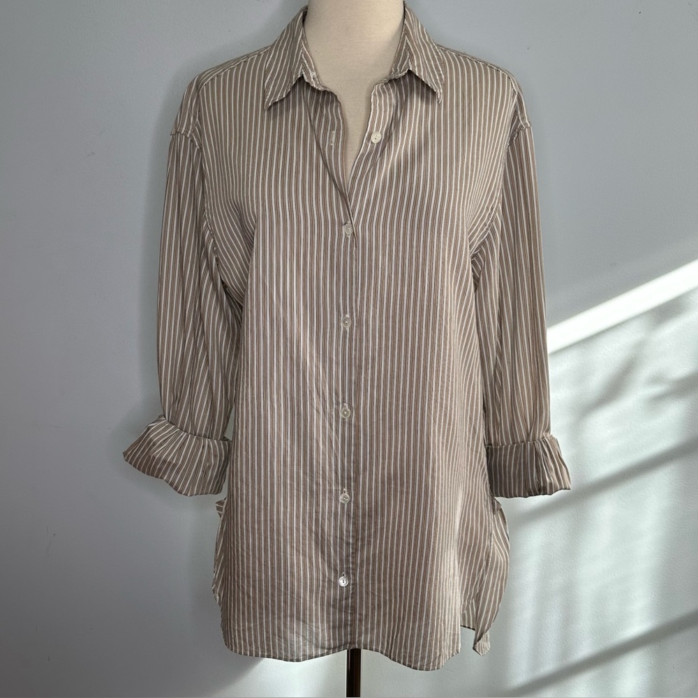 SOLD! Nili Lotan Women’s Beige Stripe Long Sleeve Buttoned Down Casual Shirt